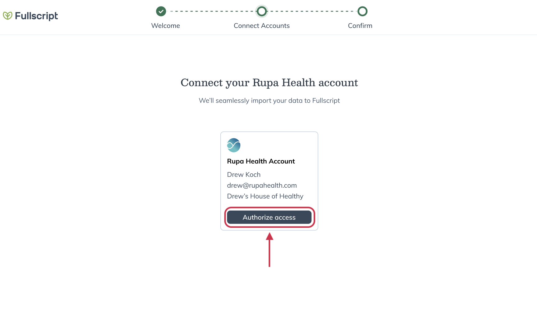 Connect your Rupa Health account screen with the Authorize access button.